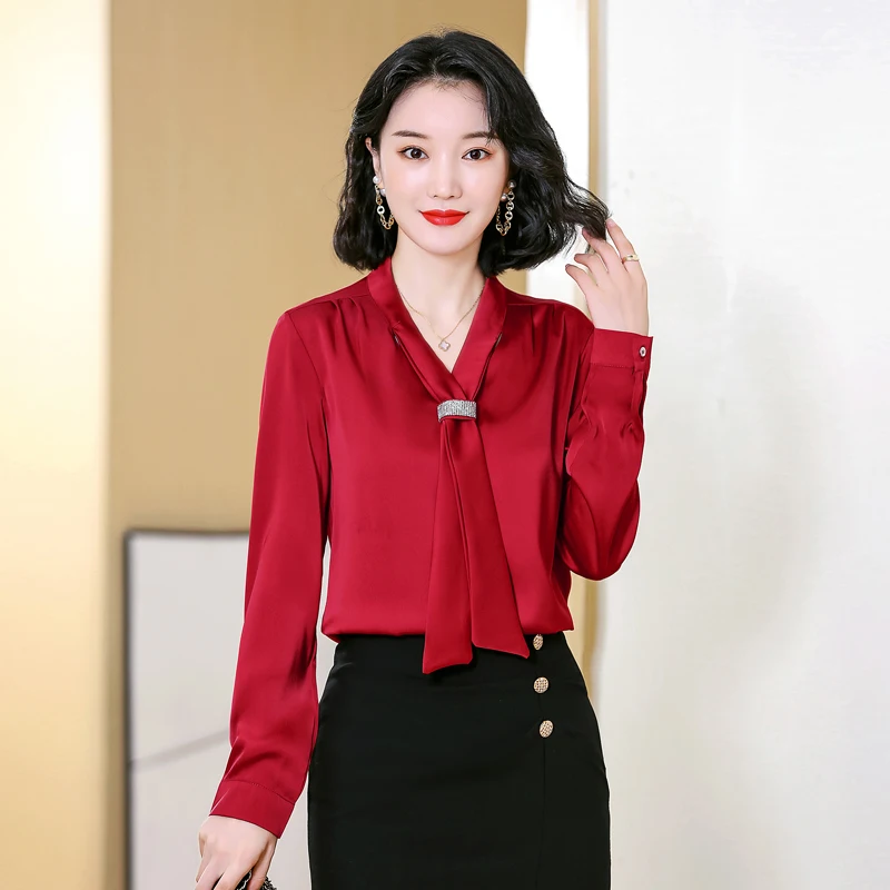 Satin Women Blouse Korean Fashion Ribbon Women Shirt Long Sleeve Red Tops Women 2024 New Silk Female Clothing Shirts for Women