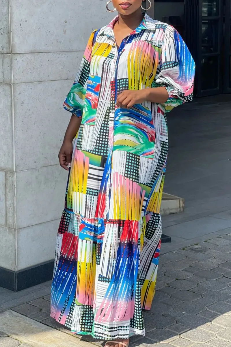 

Plus Size Multicolor Daily All Over Print Long Sleeve Maxi Dresses