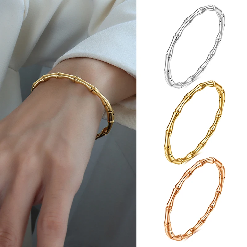 1pc Titan Stahl Bambus Manschette Armbänder zu öffnende Armreifen für Frau Gold Farbe Hochzeit weibliche Luxus Schmuck Geschenke