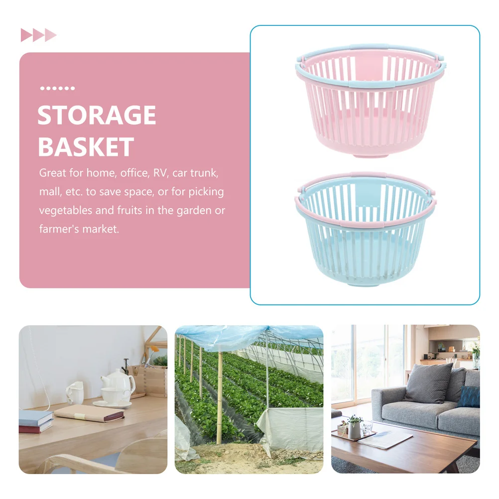 

2Pcs Portable Fruit Picking Basket Plastic Storage Container Multi-Use Handle Basket for Home Supermarket Desktop Storage