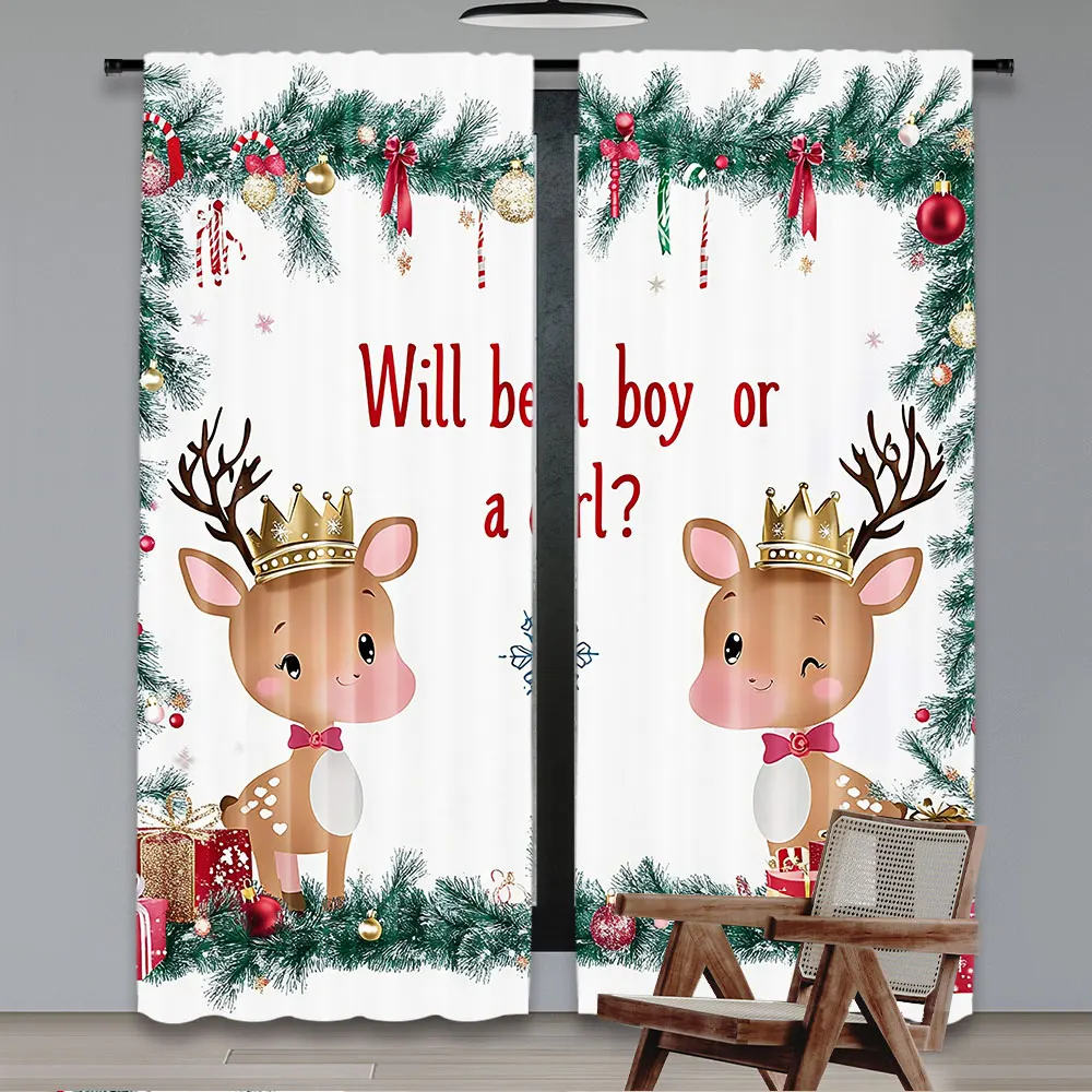 2Pcs Christmas Curtains Deer Gender Reveal He Or She Merry Christmas Newborn Suitable For Bedroom Living Room Dining Room