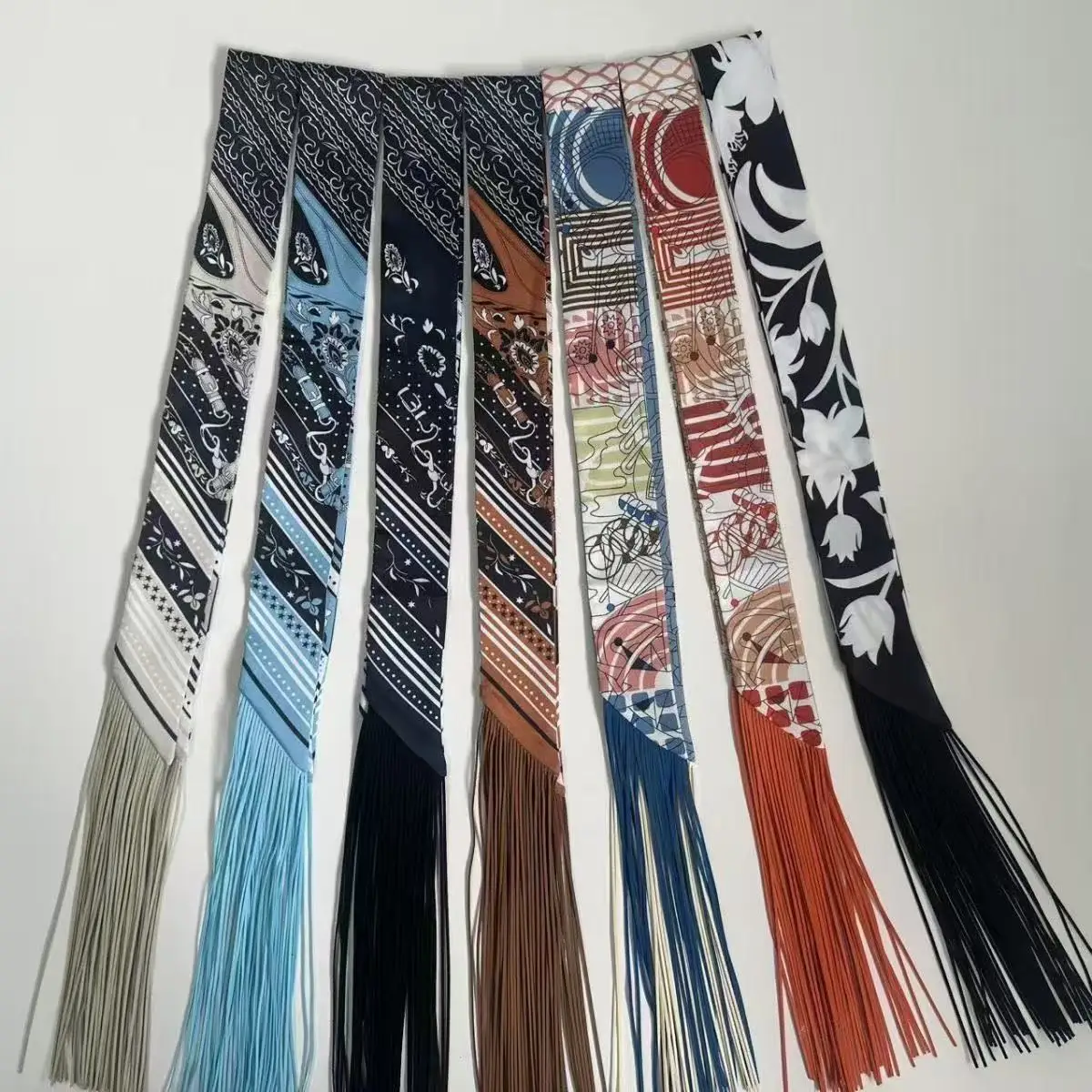Long fringed scarves, bag trims, and versatile decorative satin hairbands image 4