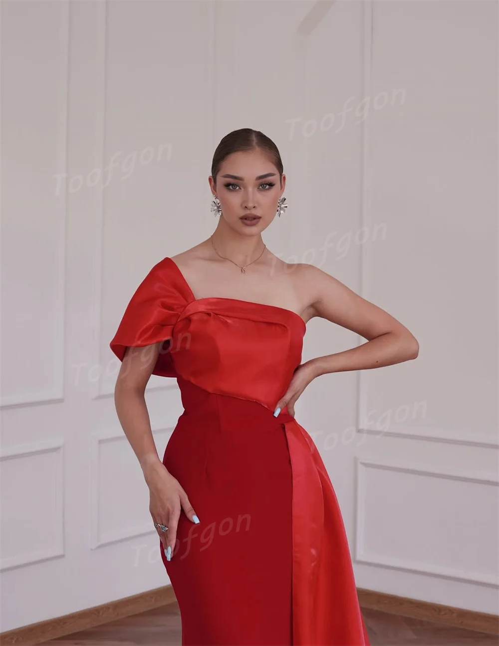 Toofgon Mermaid Satin Customized Evening Dresses One Shoulder Floor Women Formal Party Dress Bridesmaid Prom Gowns
