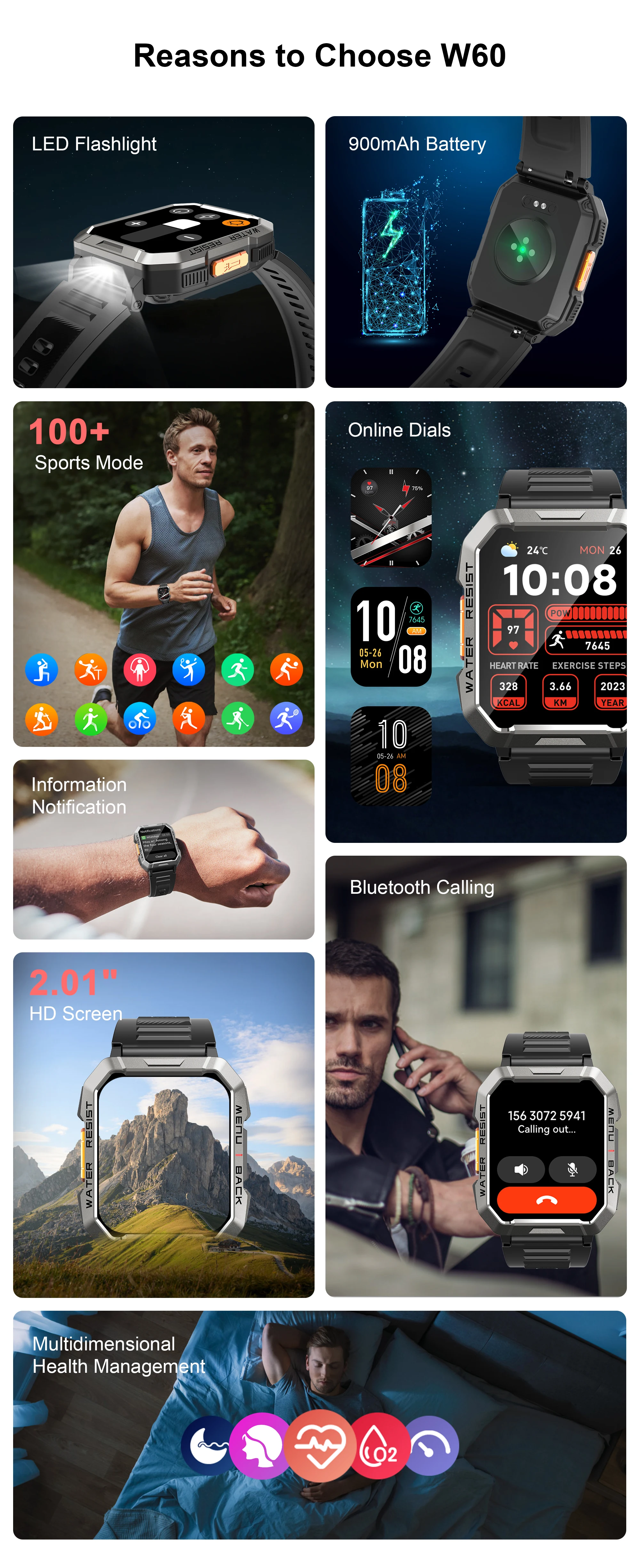 Blackview W60 Sturdy Smartwatch 2,01-дюймовый дисплей высокой четкости TFT умные часы, подходят для наружного использования, с аварийным освещением