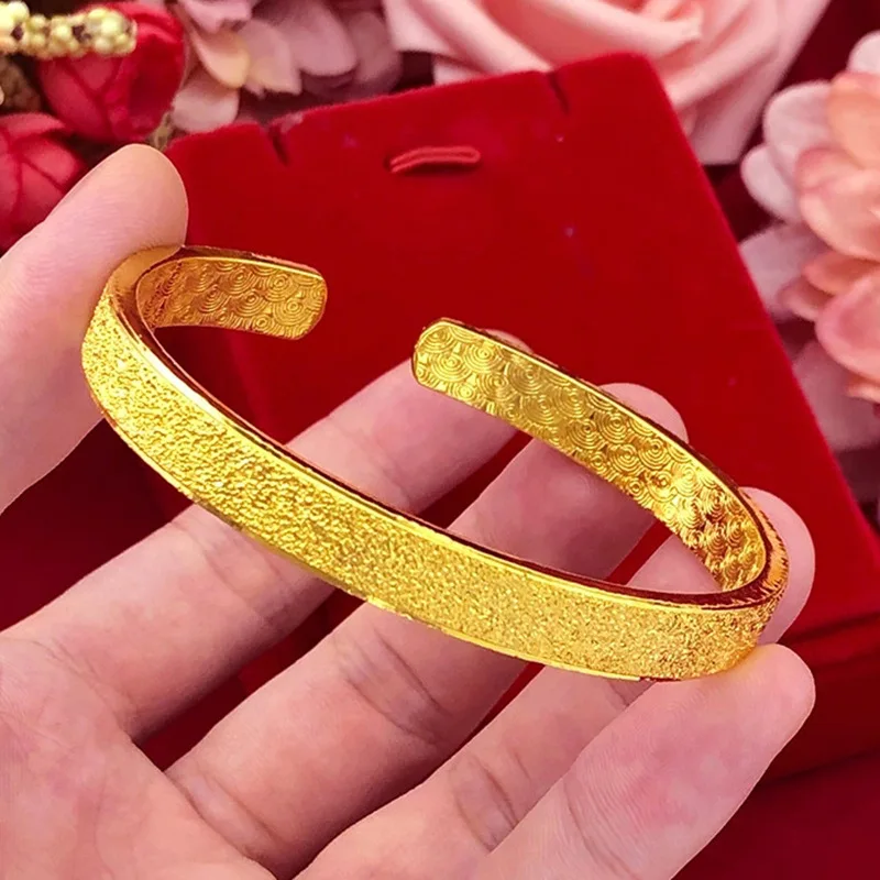 

24K Yellow Gold Frosted Opening Bracelet for Women Simple Gold Bracelets Bangles Fine Jewelry Mother Girlfriend Gifts