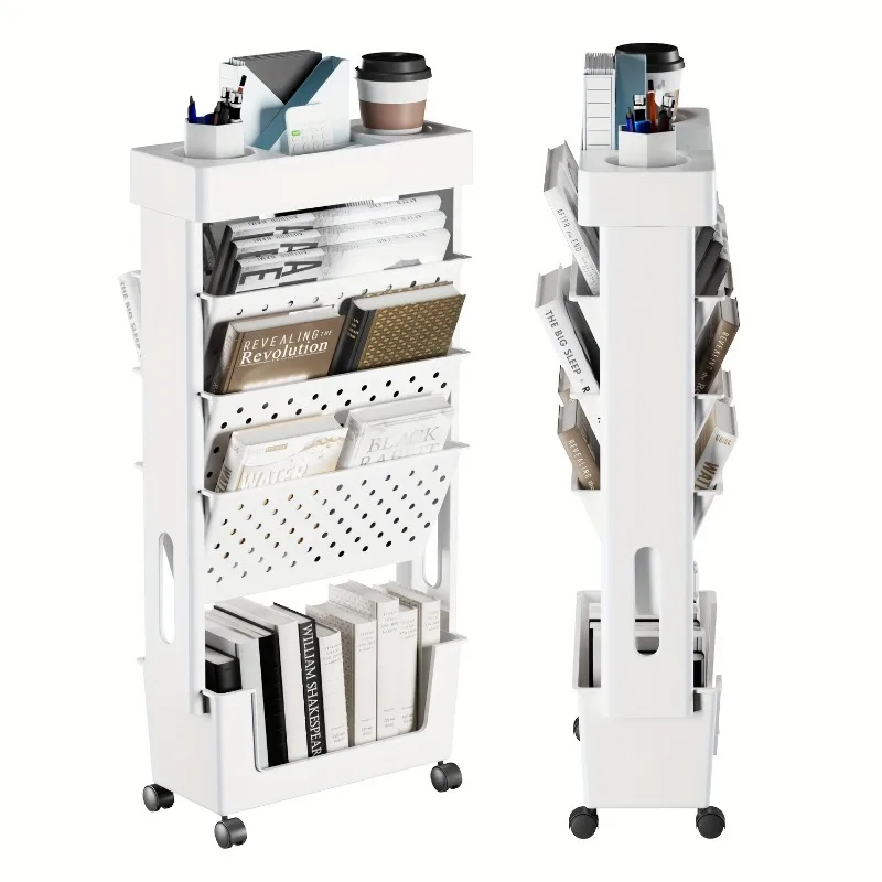 5 Layers Rotatable Storage Organizers Rack Household Cart with Wheels Mobile Rack Trolley Bookshelf Portable Book Cart