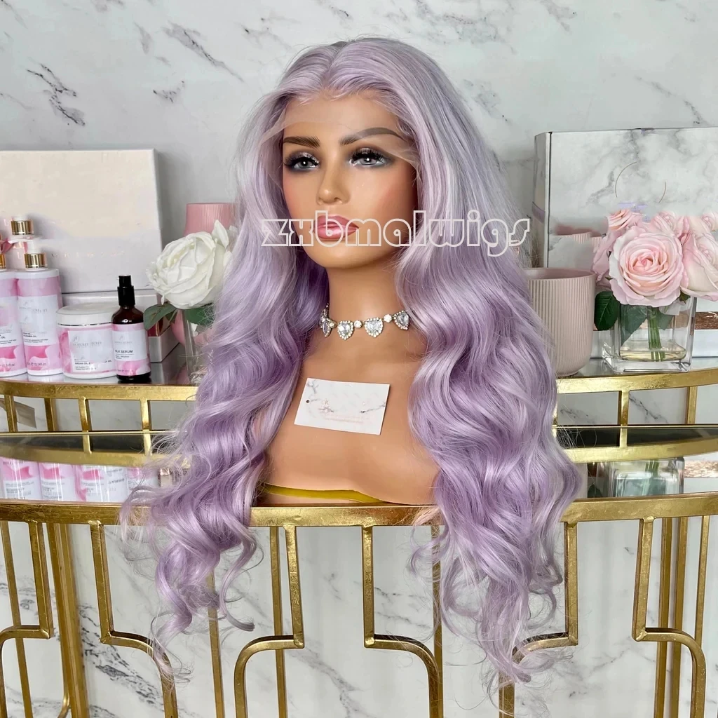 ZXBMALWIGS Violet Body Wave Synthetic Lace Front Wigs Long Wavy Wig Soft Swiss Lace Cosplay Heat Resistant Hair Wig