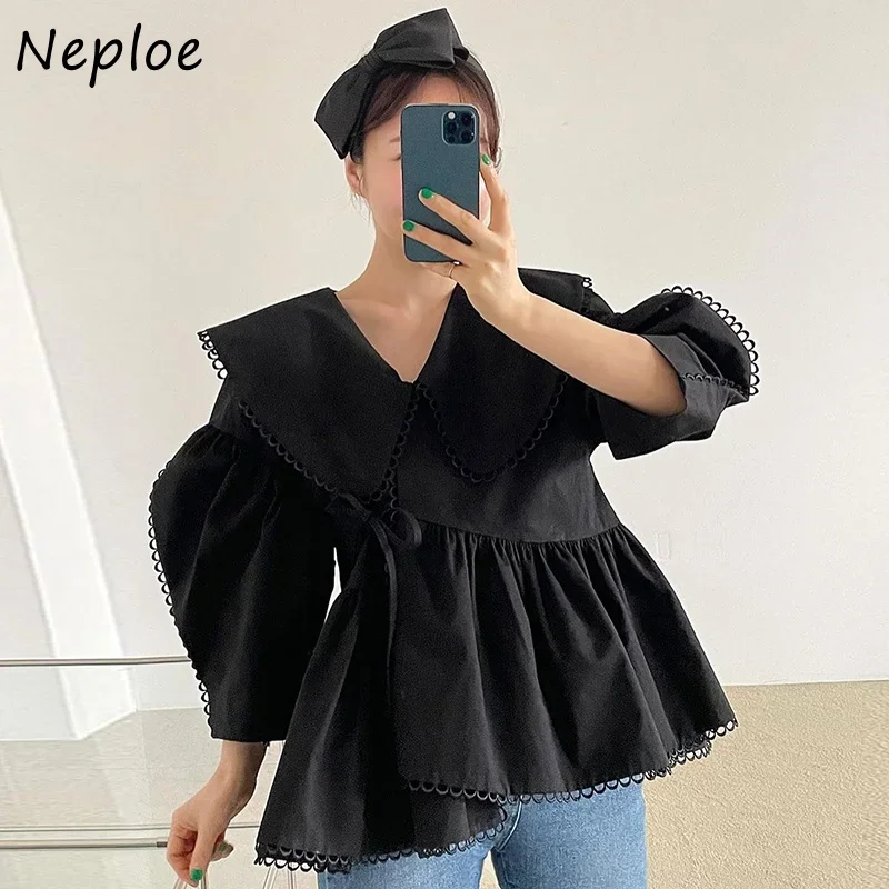 Neploe Spring Temperament Turn-down Collar Stitching Woman Blouses Hollow Lace High Waist Irregular Hem Shirts Women Ladies Tops