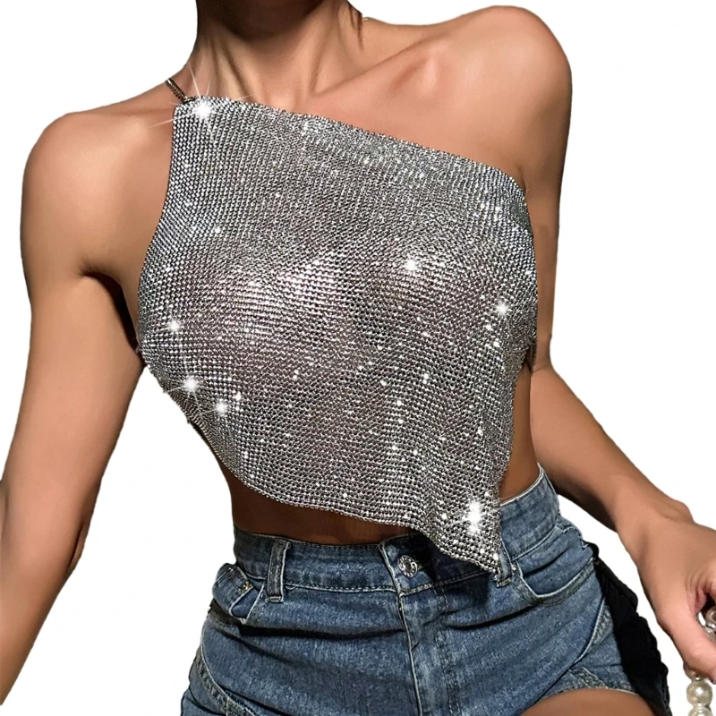 Women's Sparkle Rhinestones Tank Tops Halter Sleeveless Crystal Hollow Out Crop Tops Blouses Rave Party Clubwear Gifts