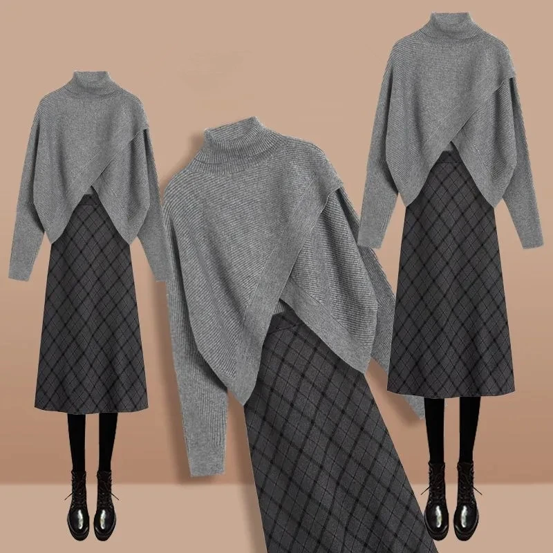 2024 Autumn Winter Pure Color Sweater Tops Skirts 1 or 2 Piece Set England Style Chic Knit Pullover A-Line Skirt Suits Female