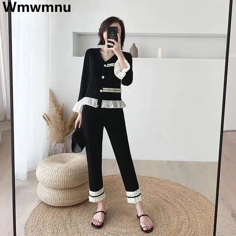 Thin Ruffled Knitted Pants 2 Piece Set Women V-neck Korean Coats Conjuntos Elegant Spring Ankle-length Wide Leg Pantalones Suits