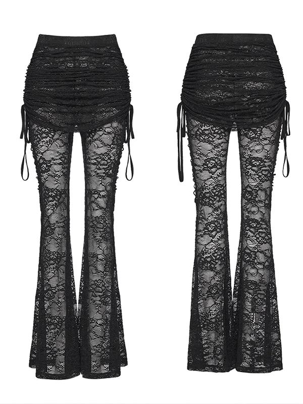 Gothic Style Lace Pleated Flared Pants Black See-through Casual Trousers Women High Waist Slim Fit Base Layer Pants