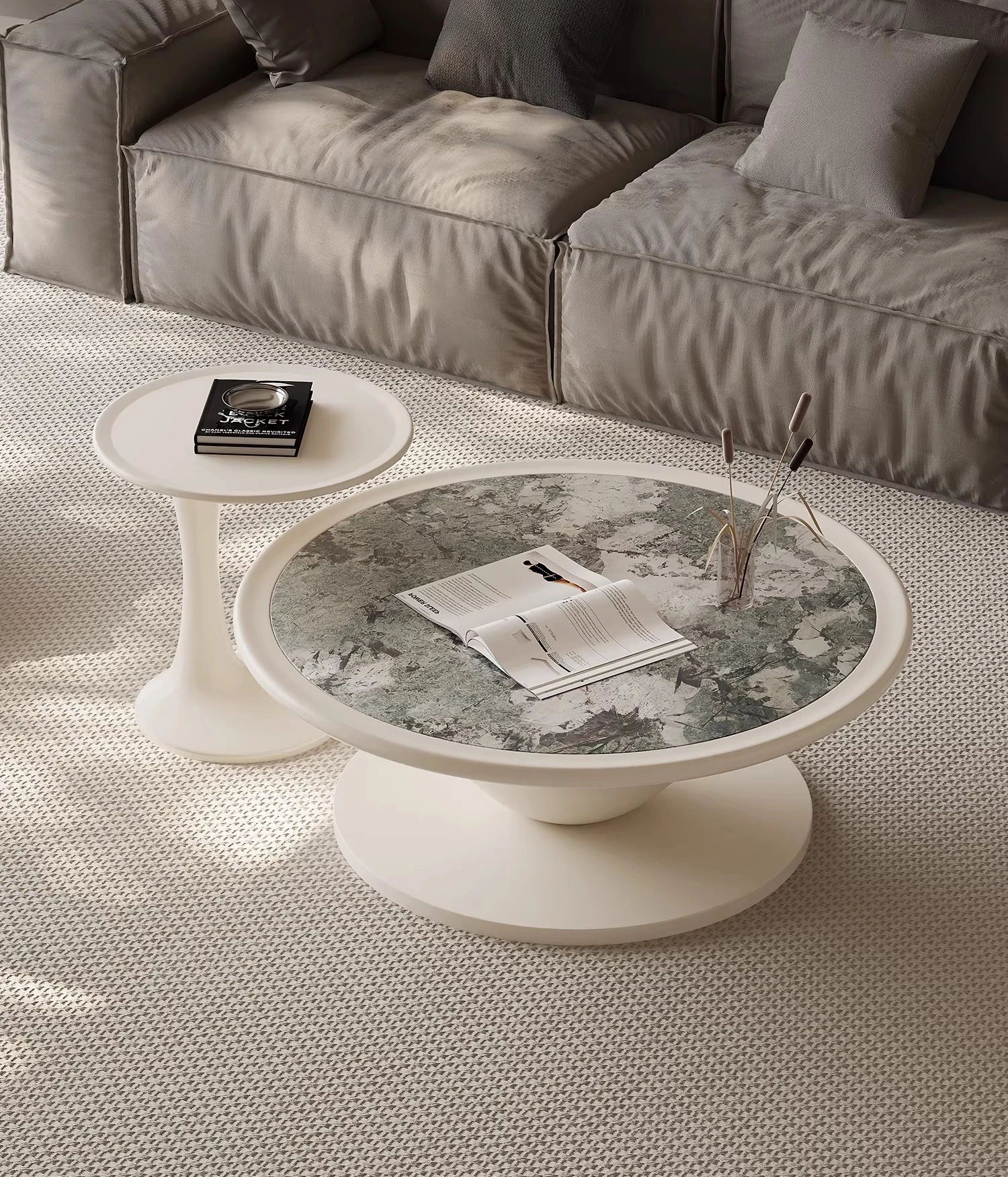 

Wabi Sand Wind Art Coffee Table Combination Cream Wind Slate High-end Designer Household Solid Wood Round Small Apartment