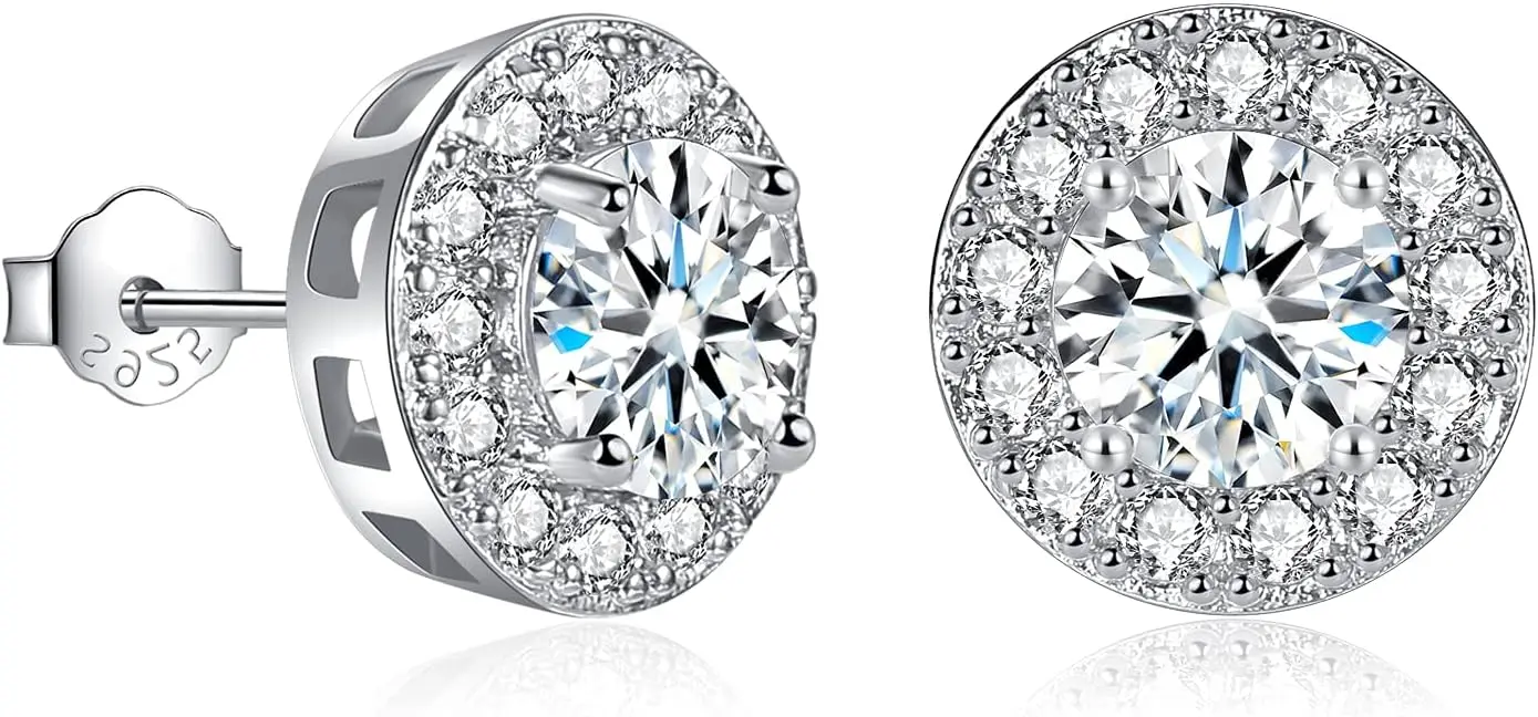 

Silver Stud Earrings for Women Girls, Sterling Silver Round Halo Cubic Zirconia Studs, Dainty Bridal