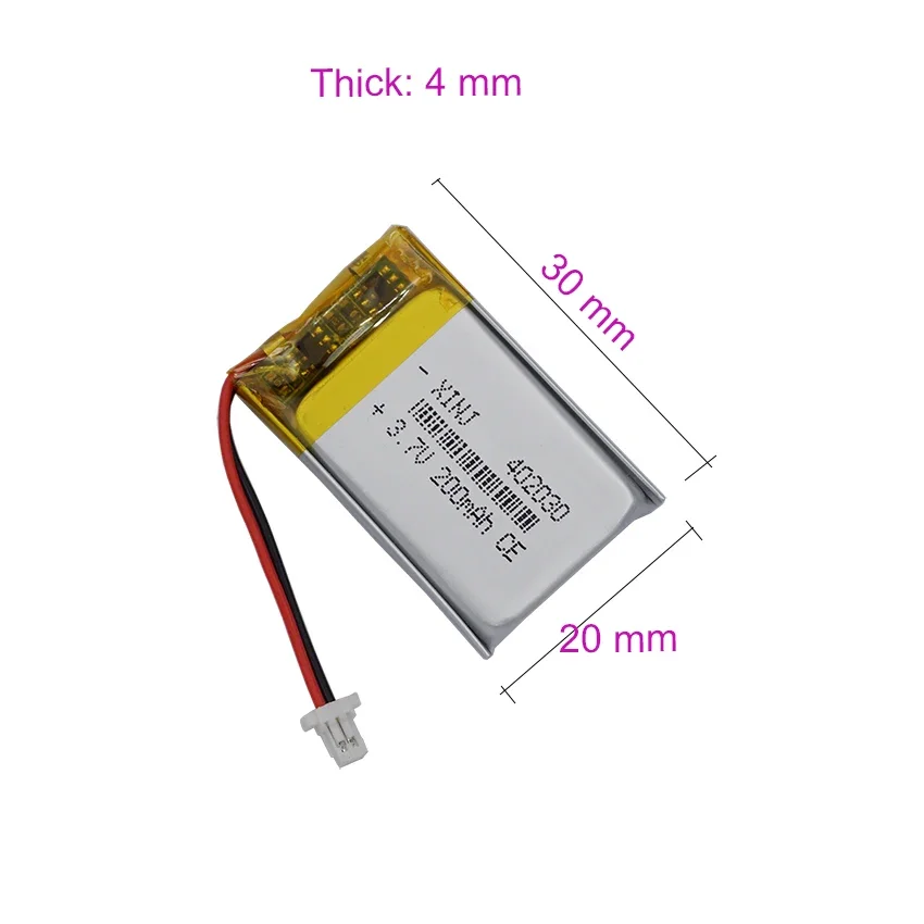 Rechargeable Li-ion Battery 402030 3.7V 200mAh 0.74Wh with JST 2Pin 1.0mm Plug for Sat Nav MP4 DVR DVC Camera