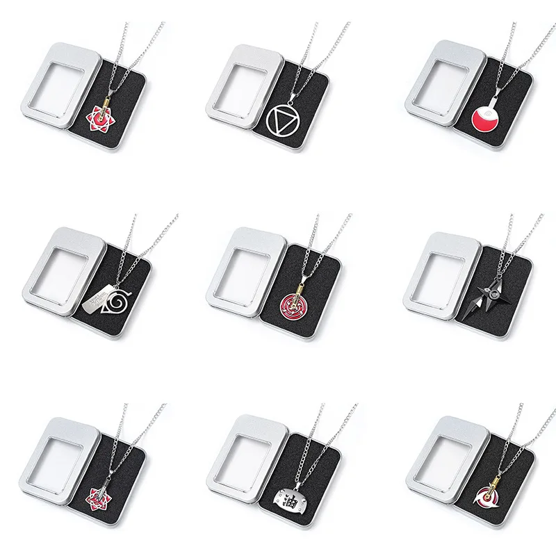 Colgantes de Collar de Anime Naruto: Itachi Uchiha, Sasuke, Kakashi y el Sharingan de las Diez Colas, Shuriken, en Caja Metálica