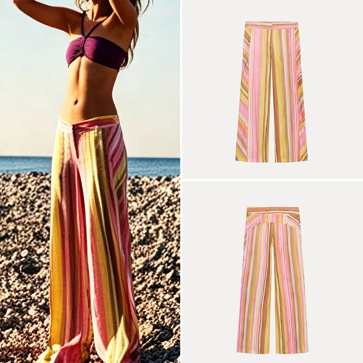 Casual High Waist Striped Multi-Color Wide Leg Pants Commute Style Women's Summer Fashion Trousers Zadata Brand Other Style