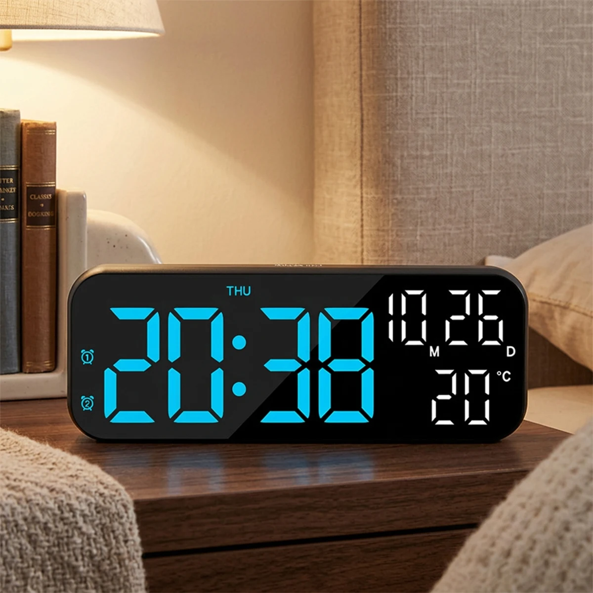 LED Digital Alarm Clock USB Powered Temperature Date Week Display DST Table Clock Voice Control12/24H Electronic LED Alarm Clock