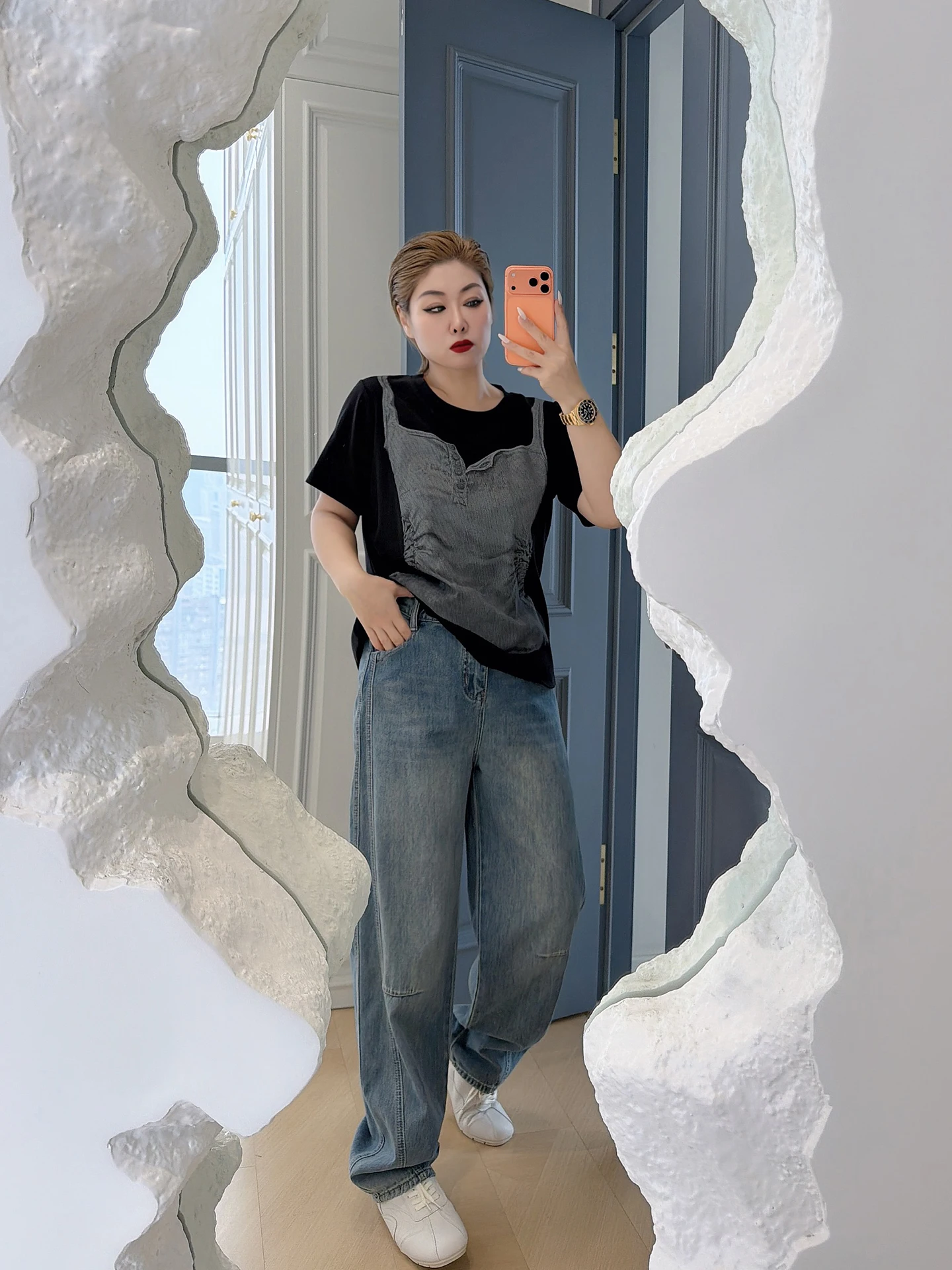 

Весна 2026: Женские джинсы больших размеров с высокой талией, широкими штанинами, утягивающие, повседневные, удобные, свободного кроя, скрывающие недостатки фигуры