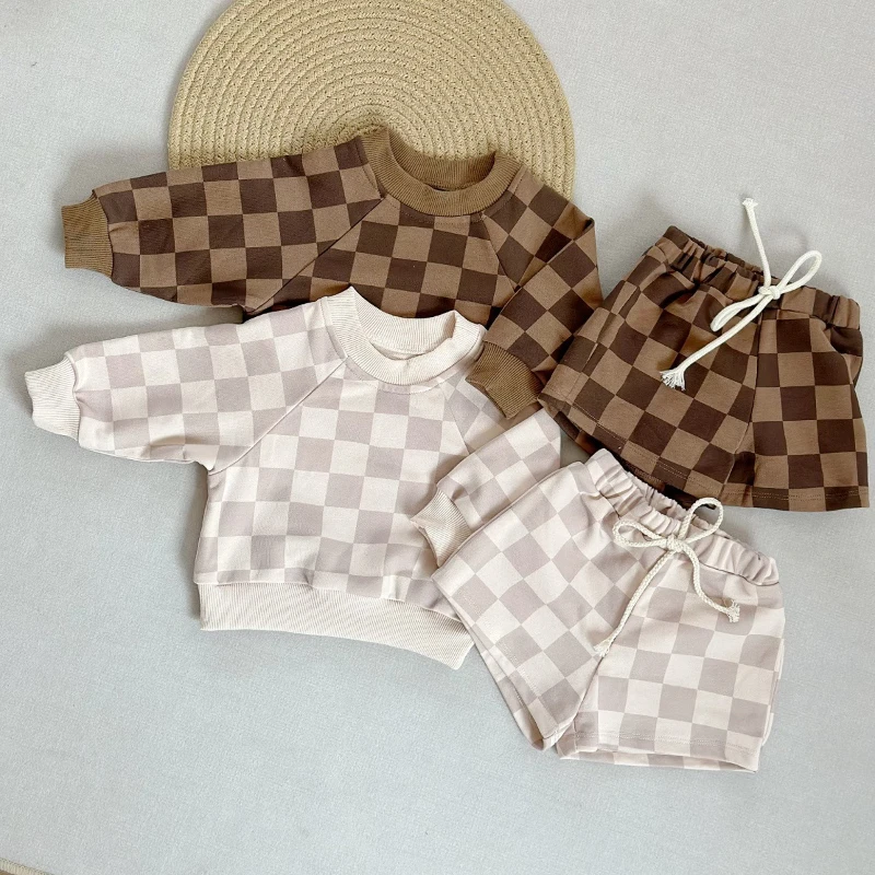 

2025 New Checkerboard Cotton Design Long Sleeved Sweatshirt and Lace up Shorts Two-piece Set