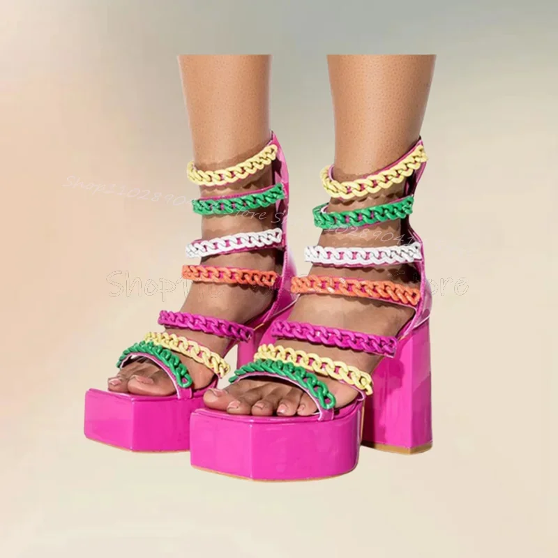 

Colorful Chain Decor Patent Leather Platform Sandals Back Zipper Women Shoes Chunky High Heels Fashion 2025 Zapatos Para Mujere