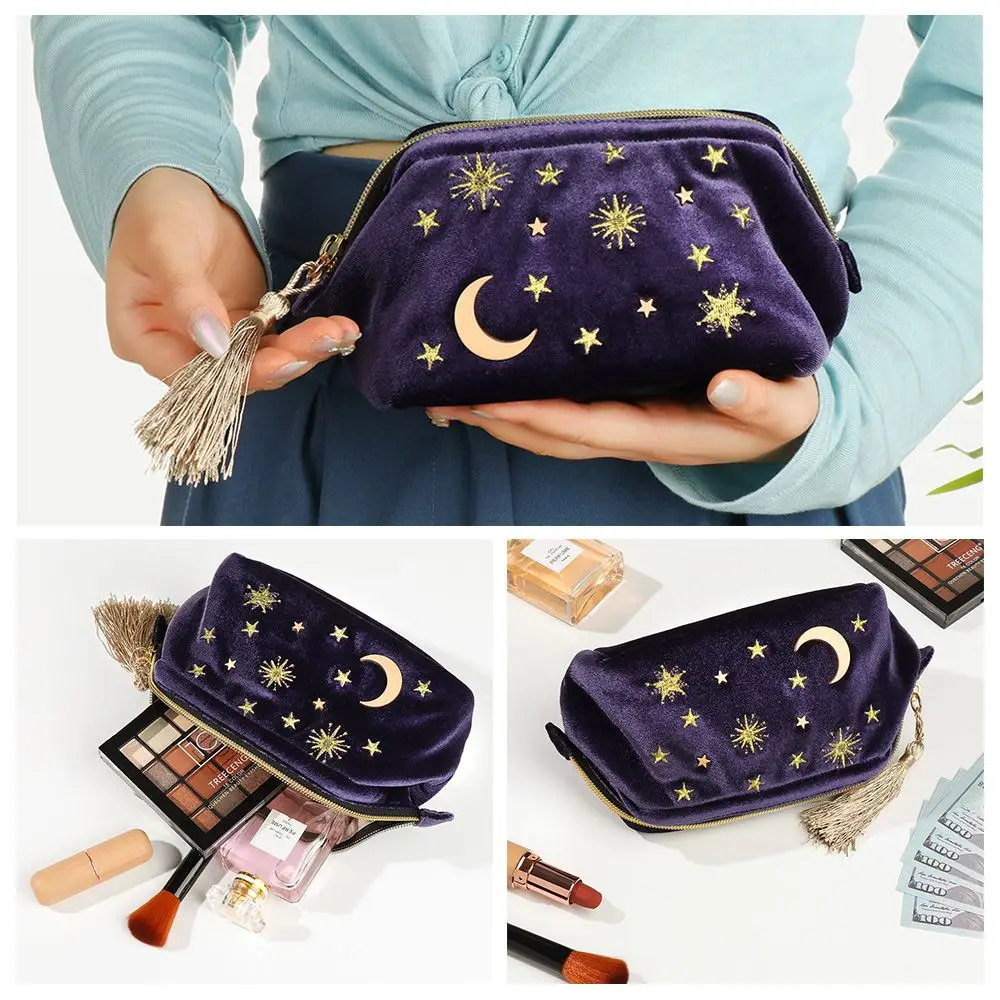 

Women Organizing Brush Pouch Travel Star Moon Pattern Embroidered Velvet Cosmetic Bag Portable Make Up Bag
