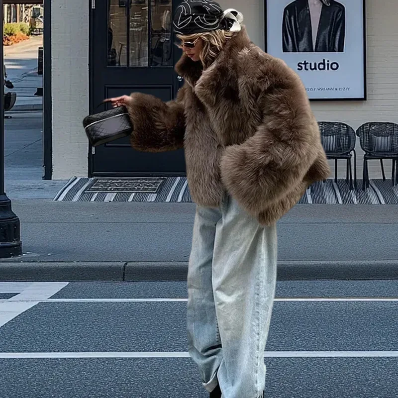 

Женская зимняя эко-пуховая шуба с длинными волосами, винтажная коричневая куртка с карманами и лацканами, женская куртка из искусственного меха, утепленная шикарная шуба из меха норки