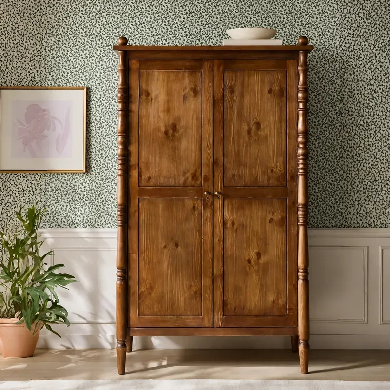 Retro Solid Wood Wardrobe Double Door Large Capacity Bedroom Storage Cabinet Log Color Furniture