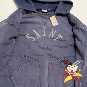 Bluza z kapturem Hole Washed Saint Mężczyźni Kobiety Casual Najlepsza jakość Granatowy Pullover z kapturem