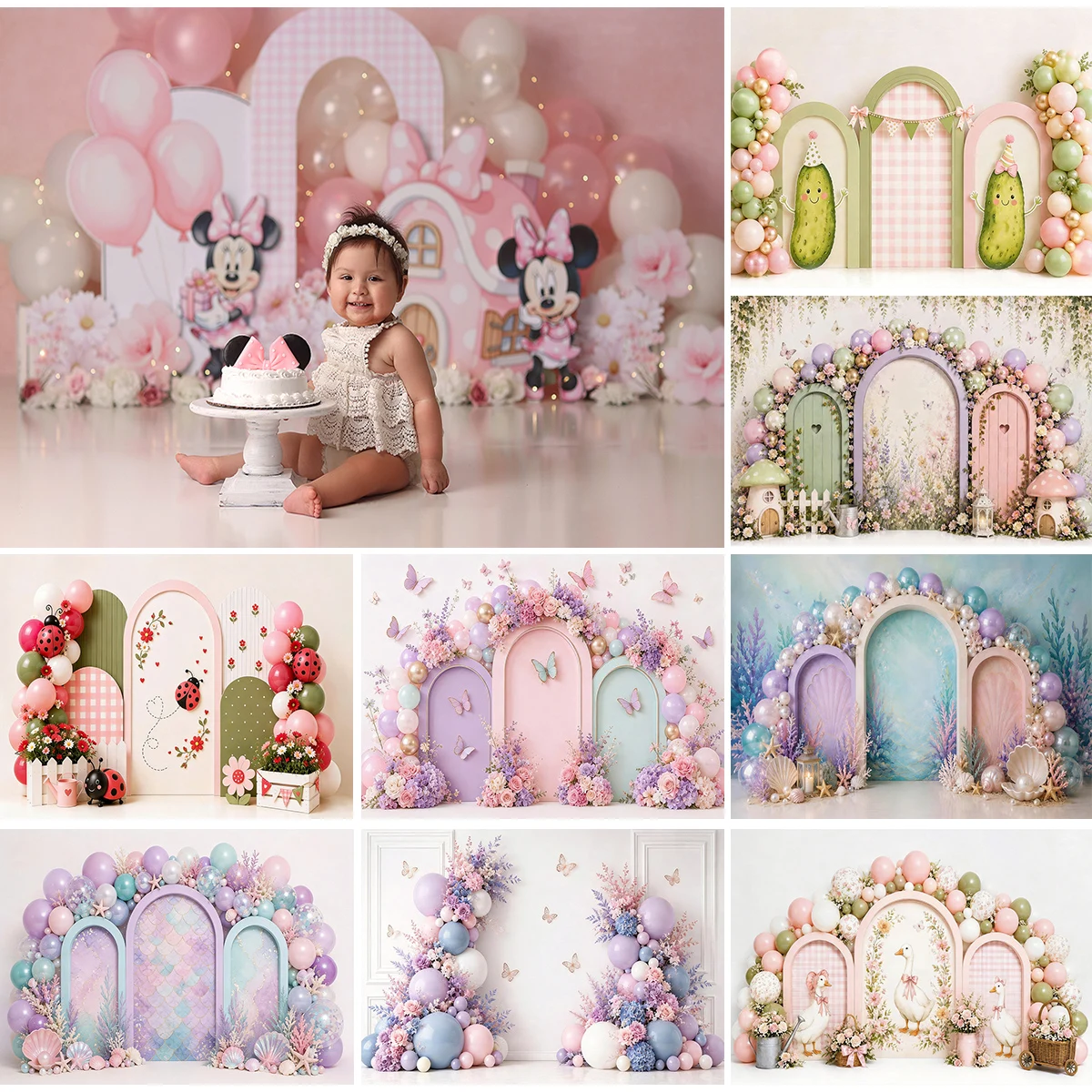 Rosa Blumen-Ballonbogen Erster Geburtstag Kuchenzertrümmerung Foto-Hintergrund Baby Mädchen Porträt Fotografie Hintergrund Studioaufnahme