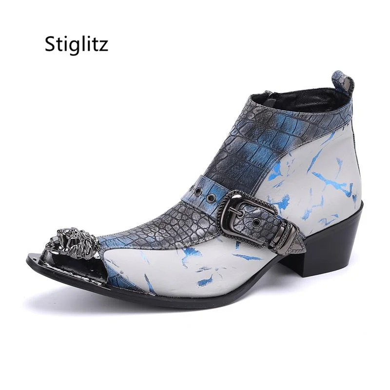 

Metal Pointed Toe Snake Pattern Men's Boots Trendy Double Belt Buckle High-Heeled Man Shoe Banquet Leisure Leather Ankle Boots