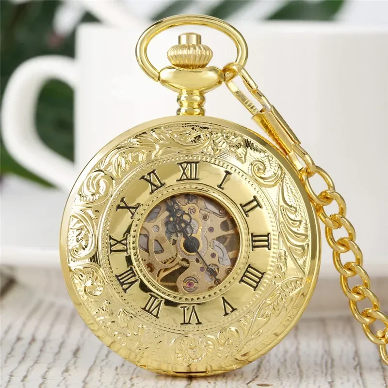 

Luxury Yellow Gold Unisex Hand Winding Mechanical Skeleton Pocket Watch Double Open Hunter Pendant Chain Hour Clock Gift Reloj