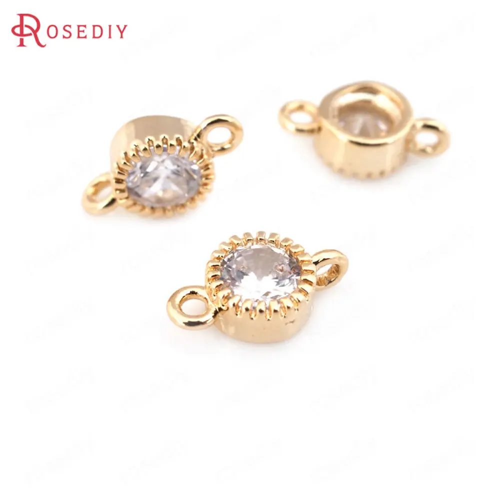 (D017)4 pieces 5x10mm High Quality Champagne Gold Color Plated Brass with Zircon 2 Holes Connect Charms Connector Findings