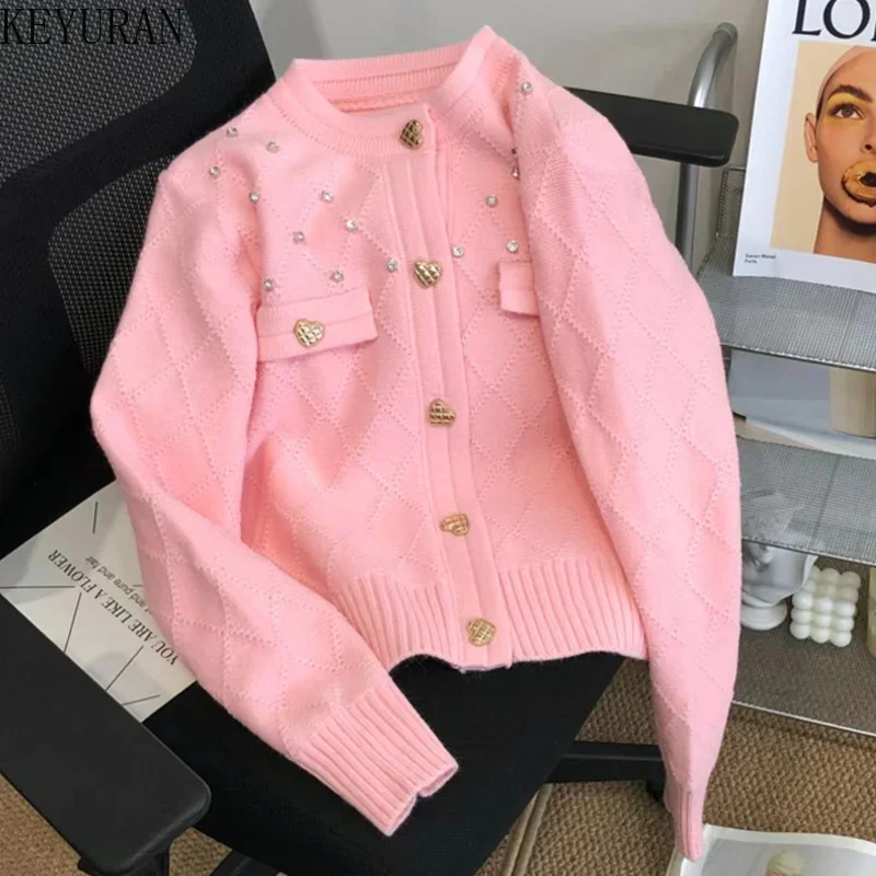 Pink Knitted Cardigan Women 2024 Spring Autumn New Clothes Sweet Diamond Beaded Loose Long Sleeve Sweater Coat Chic Short Top