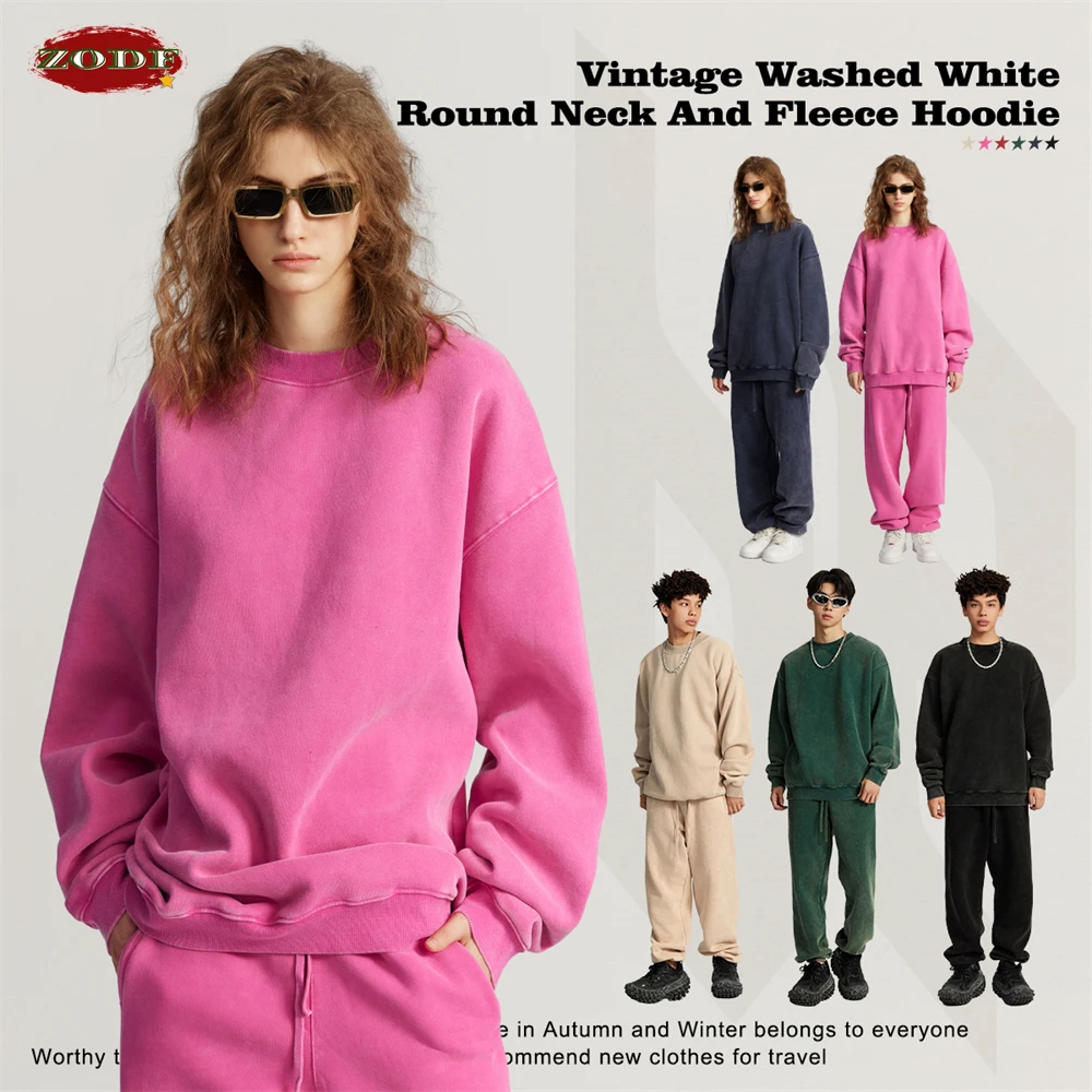 ZODF Autumn Winter Men Washed Fleece Sweatshirts Vintage Unisex Women Loose 355gsm O Neck Thick Warm Pullovers HY0717