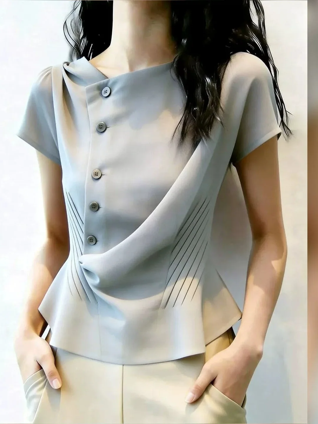 

Elegant Waist-Cinching Short Sleeve Shirt Women's Fashionable Stylish Top Slimming Korean Style Straight Cut Silk Blouse