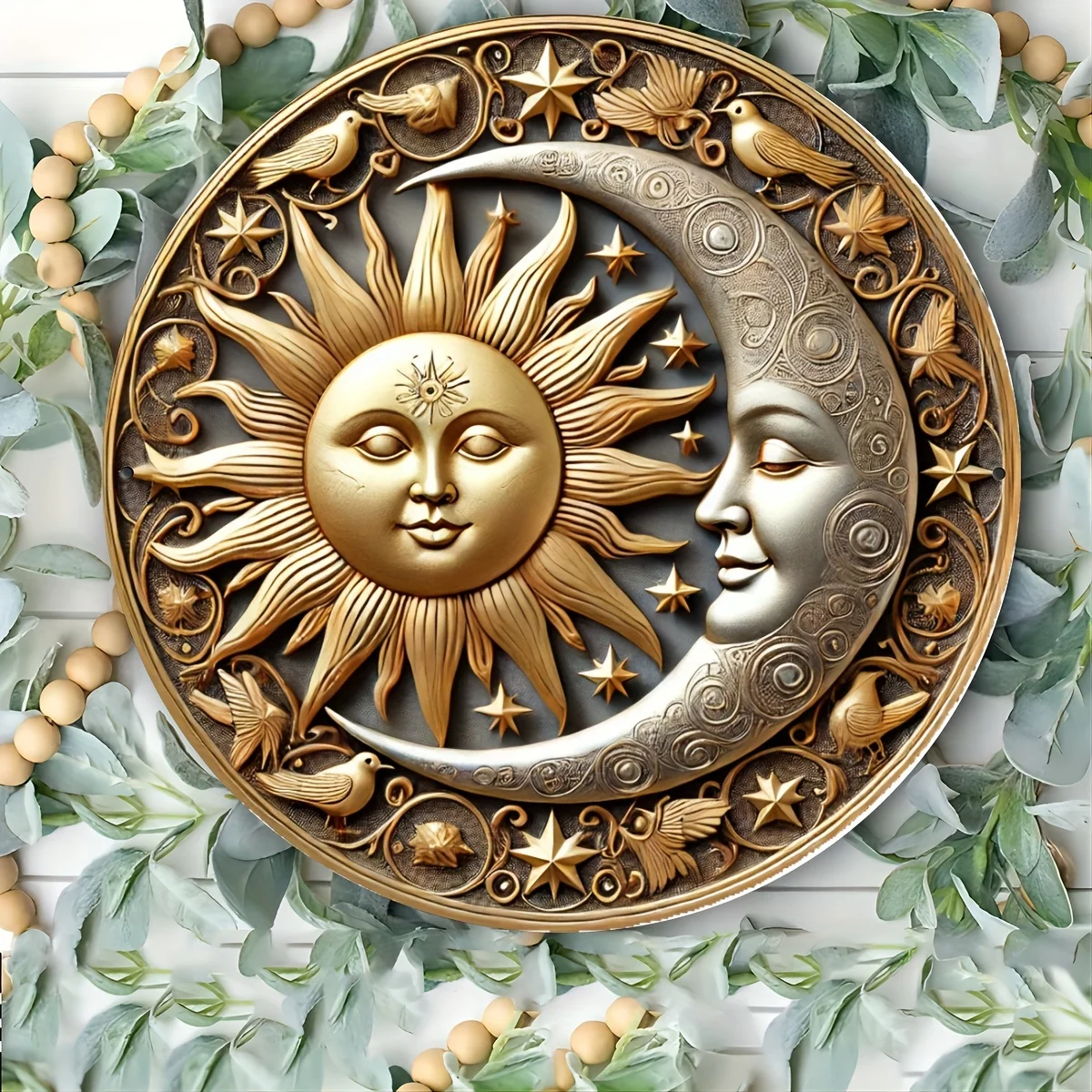 8 Inch 2D Wooden Discs Sun & Moon Sign 1 Piece 2D Wall Art Indoor/Outdoor Holiday Decor Garden Room Decoration