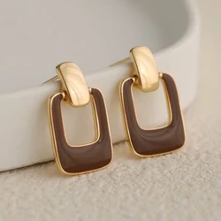 Retro Hollow Out Square Dangle Earrings for Women Coffee Enamel Oil Golden Geometry Drop Earrings Simple Party Jewelry Gift
