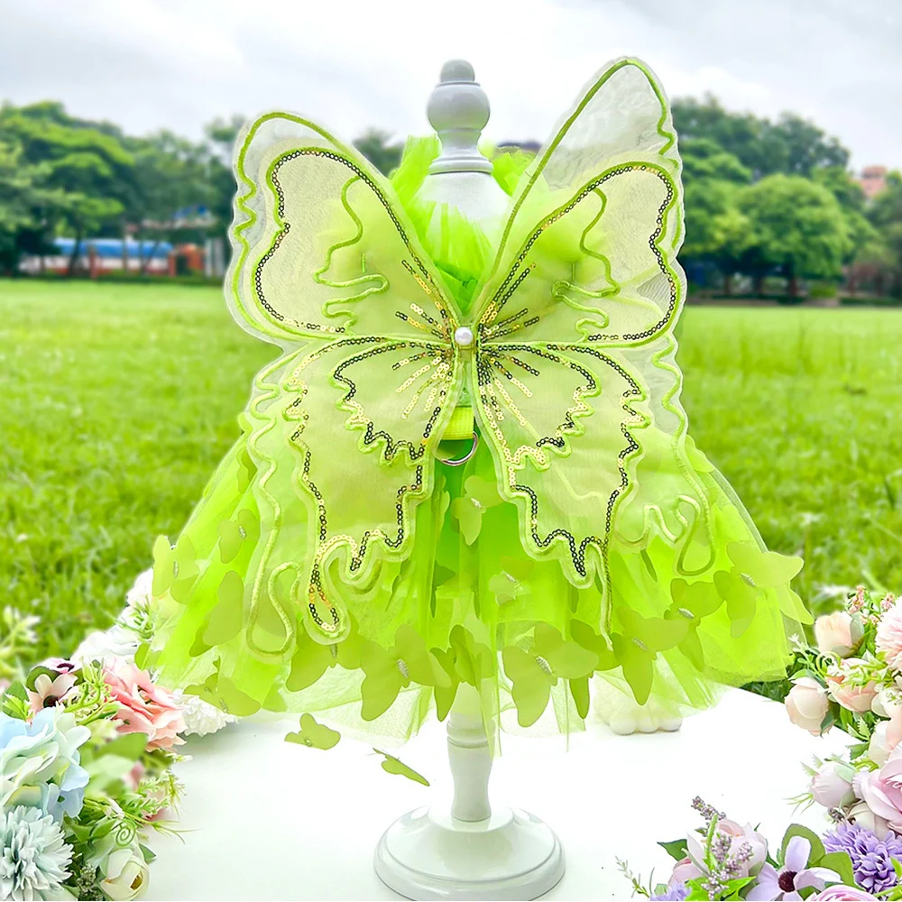 Pet Sequin Mesh Butterfly Lace Thin Princess Dress Puppy Bridal Gown Tulle Skirt Pet Apparel Dog Cat Green Butterfly Dresses