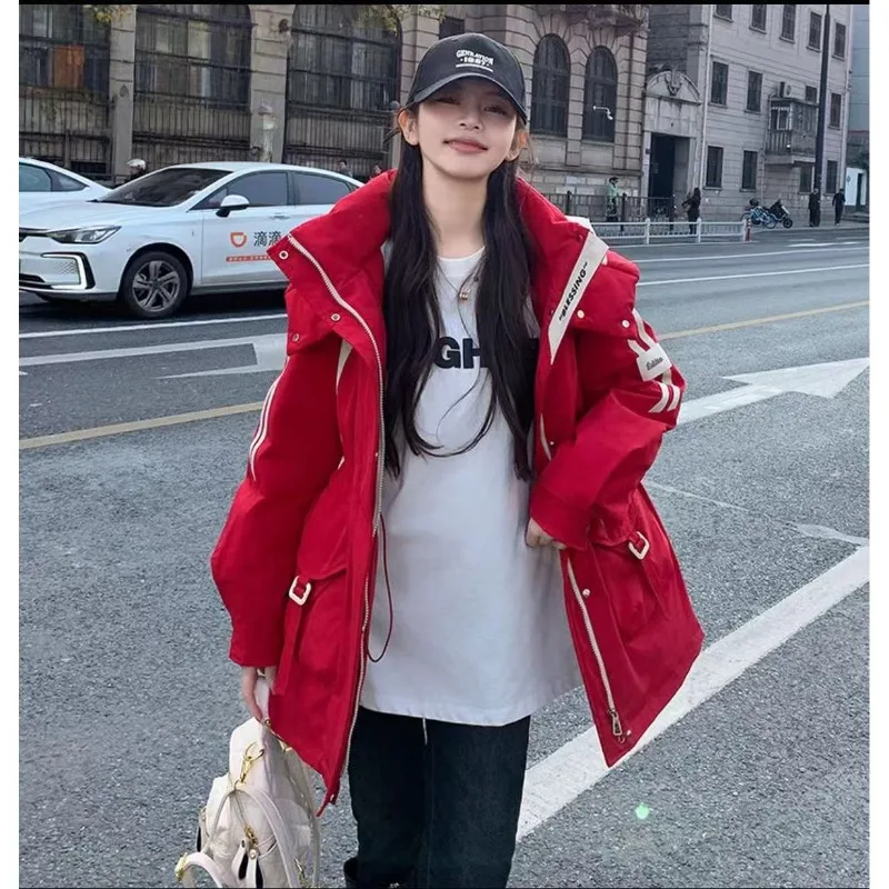 Spring and Autumn Plus Size New Age-Reducing Design Contrast Workwear Mid-length Loose Slimming Hooded Jacket Jacket Exquisite