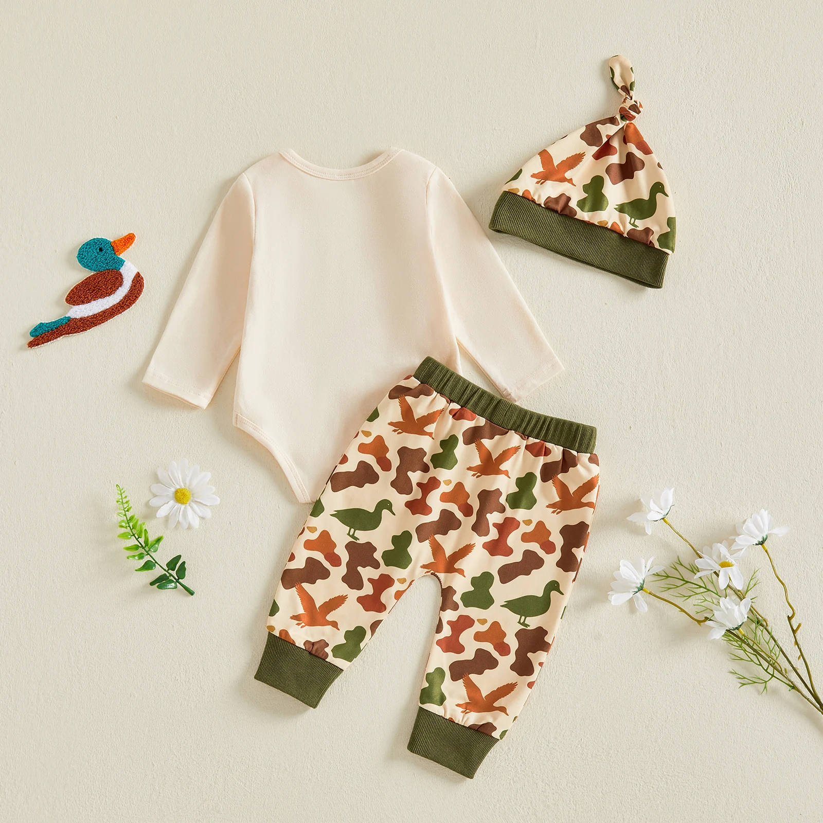 Baby Boy Fall Outfit Letter Long Sleeve Romper Pattern Pants Beanie Hat Cute Boys Autumn Clothes Set 3PCS