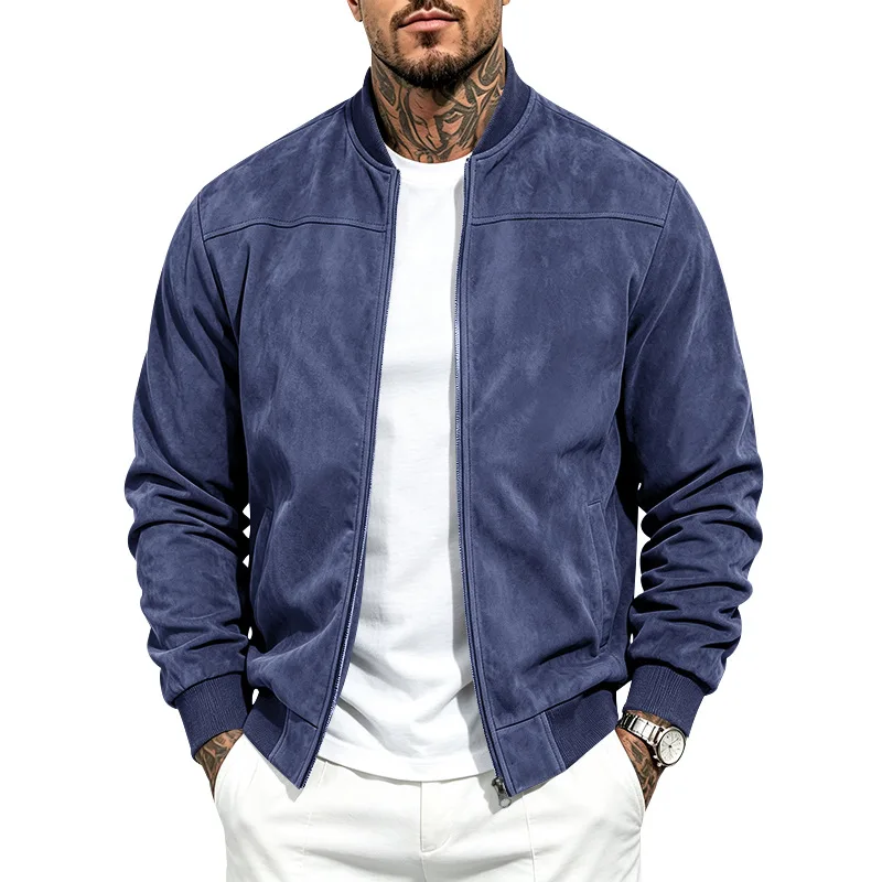 Herren Herbst- und Winter-Freizeitjacke in Übergröße aus Wildleder mit Reißverschluss und Stehkragen, Langarm – Detail 16