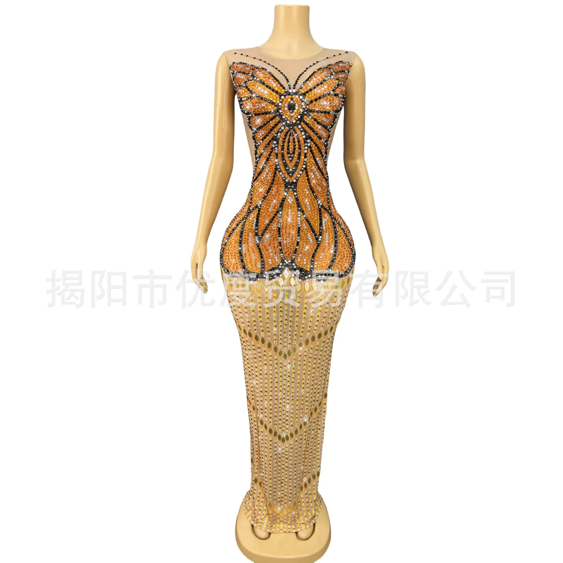 Glam Rhinestone Diamond Chain Short Skirt Night Mesh Dress Birthday Female Singer Dance Performance Autumn Leaf Butterfly Dress
