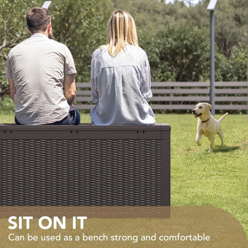 

100 gallon waterproof large resin deck box, indoor and outdoor lockable yard furniture cushion garden storage box