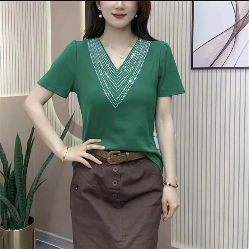 New V Neck Solid Loose T Shirts Summer Short Sleeve All-match Simplicity Street Casual Tops Tees Vintage Fashion Women Clothing