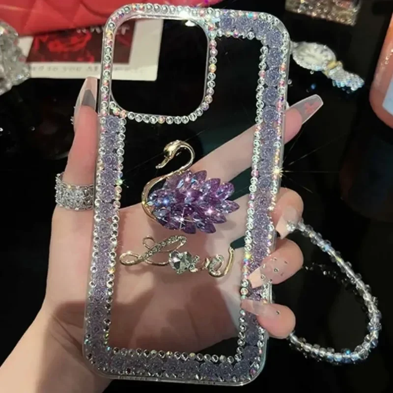 Crystal Swan Phone Case, 3D Bling, Rose, Glitter, Chain Strap Cover, for Huawei P50Pro, P40lite, Mate30, 40, for Honor 50, 60Pro