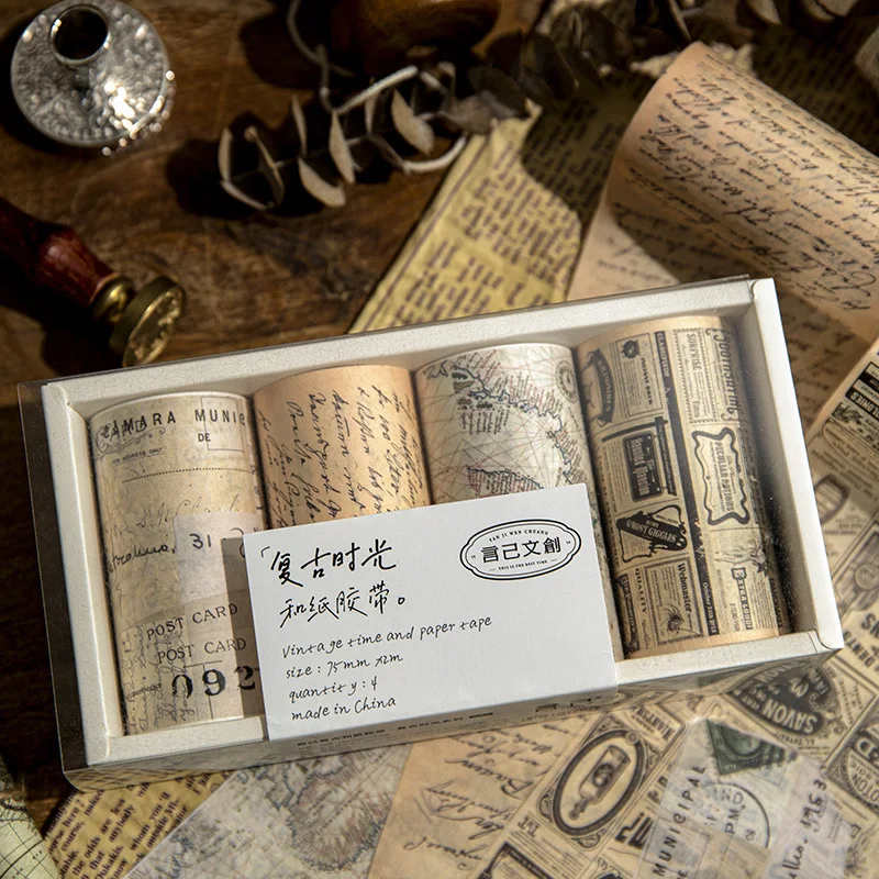 

4 Rolls DIY Vintage Washi Tape Kit Retro Time Series Large Width Creative Handbook Scrapbook Message Material Sticker