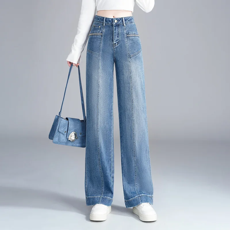 جينز للنساء صيفي فضفاض ثنيات مستقيمة سراويل تنحيف متعددة الاستخدامات عالية الخصر سراويل طويلة #1