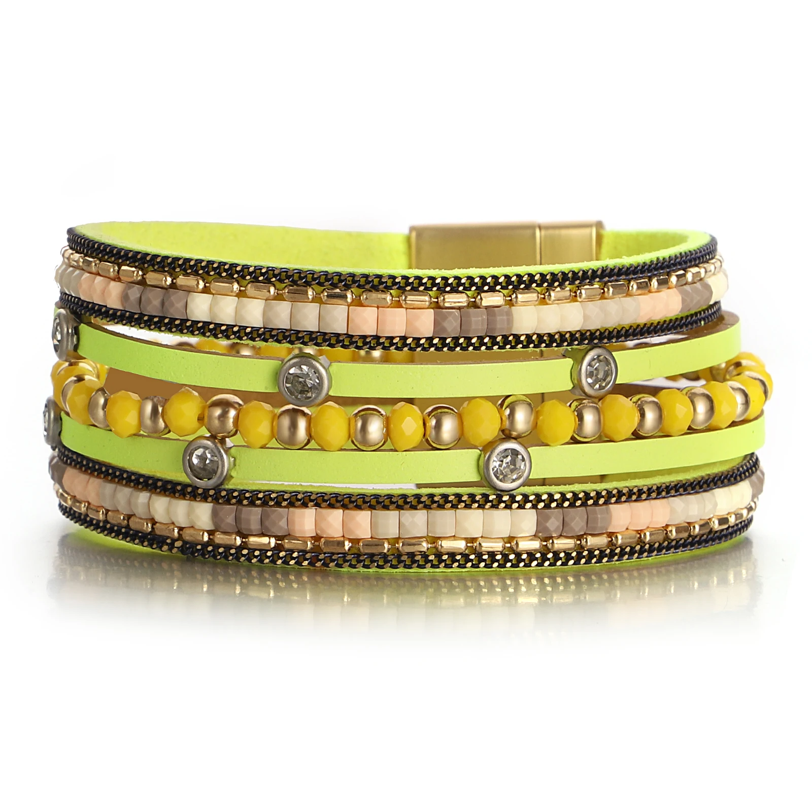 

Amorcome Fashion Bead String Woven Multilayer Leather Bracelet for Women Light Green Stackable Magnetic Buckle Bracelet Jewelry