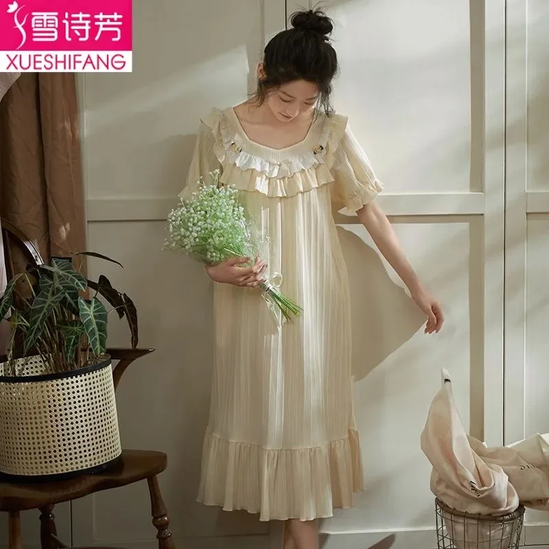 Women's Cotton Nightgown Short Sleeve Ruffle Sweet Princess Style Loose Sleep Dress Homewear